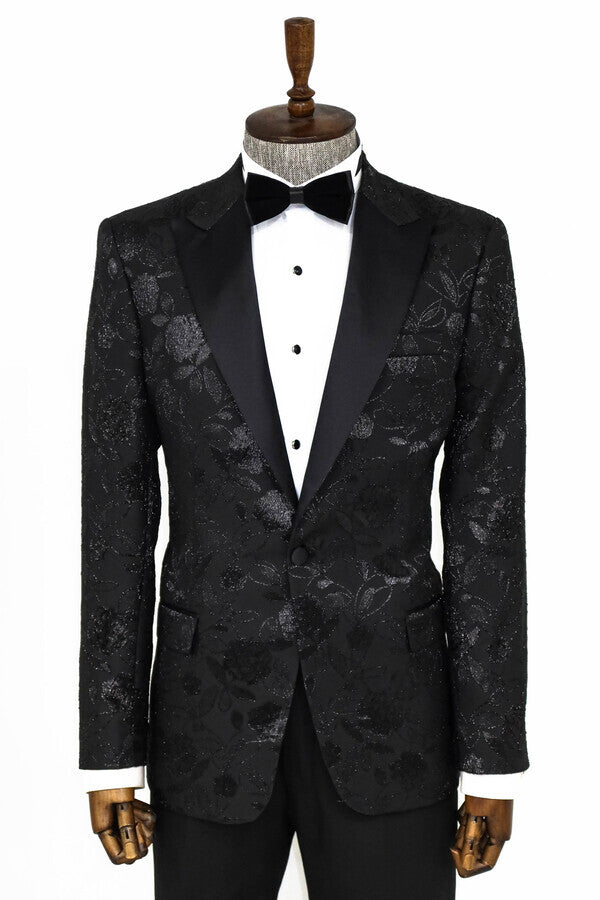 Floral Patterned Black Men Tuxedo Blazer - Wessi