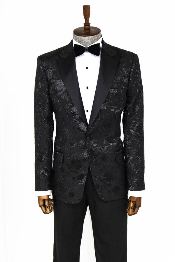 Floral Patterned Black Men Tuxedo Blazer - Wessi