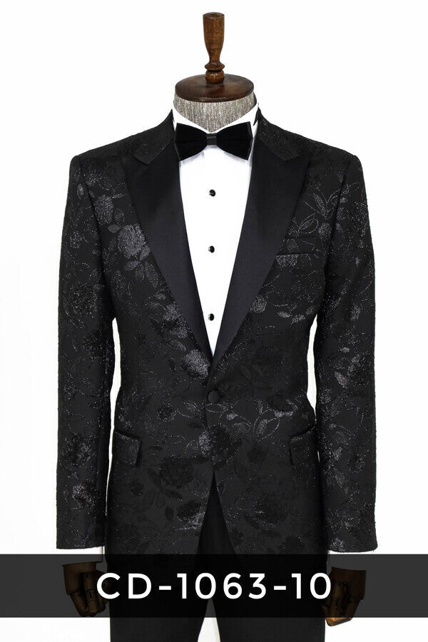 Floral Patterned Black Men Tuxedo Blazer - Wessi