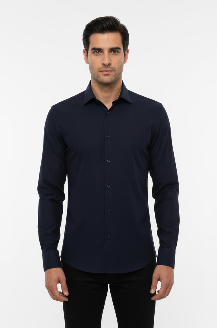 Camisa Hombre Lisa Manga Larga Regular Fit Azul Marino - Wessi