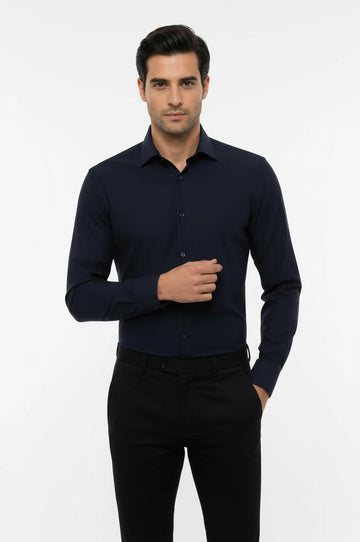 navy blue dress shirt mens Wessi Men's Navy Blue Regular Fit Long Sleeves Plain Cotton Polyester Shirt, Size S