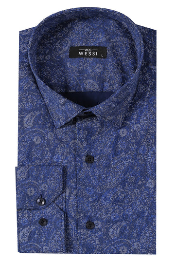 Damask Pattern Long Sleeves Men Blue Shirt - Wessi