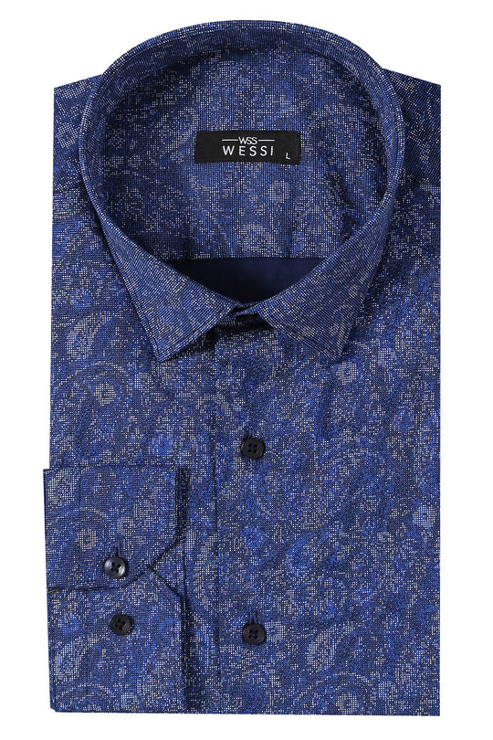 Damask Pattern Long Sleeves Men Blue Shirt - Wessi