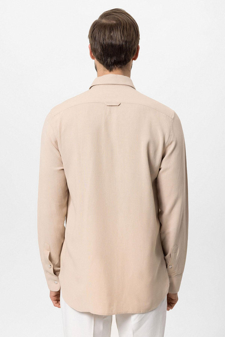 Men's Beige Hidden Button Linen Blend  Shirt - Wessi