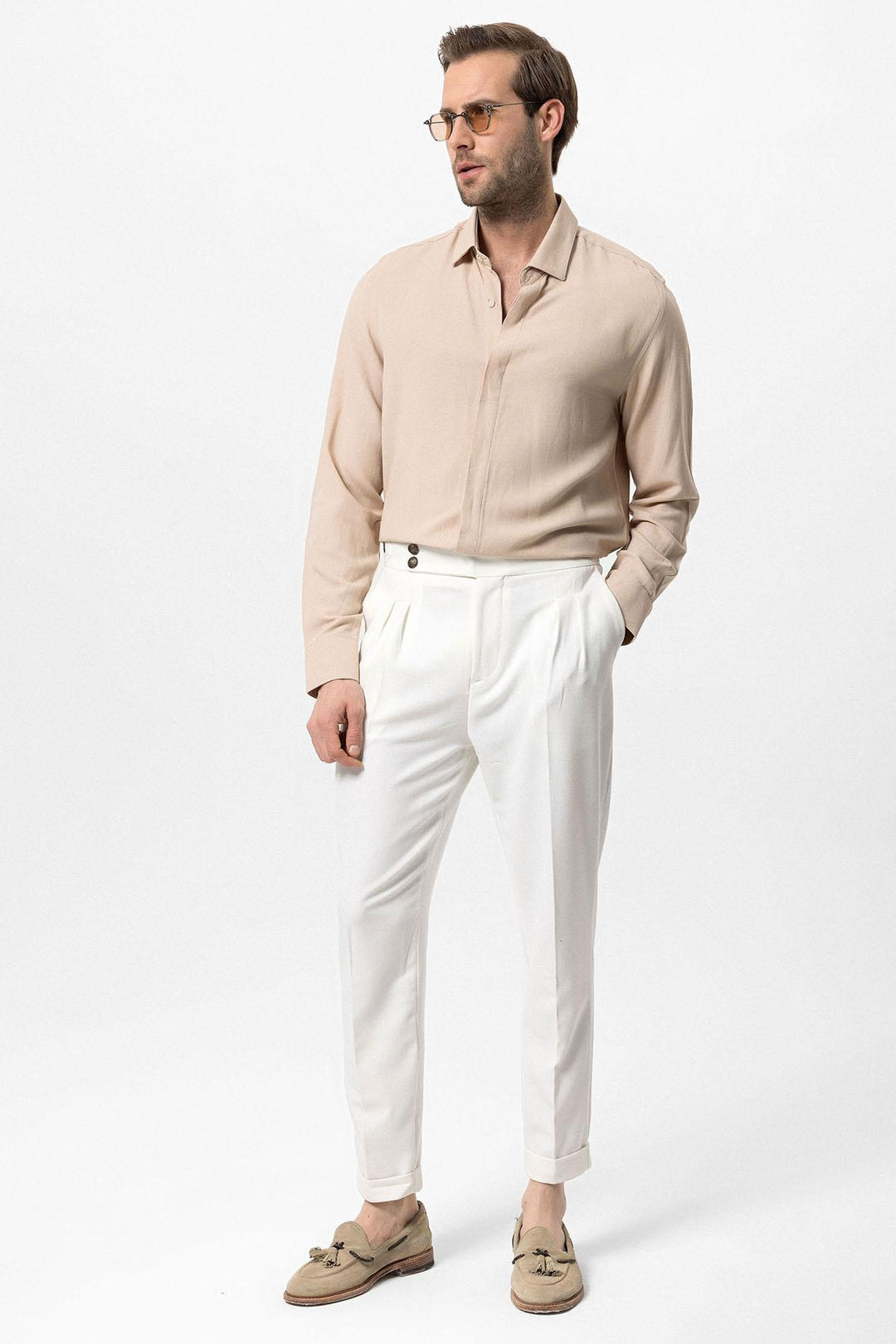 Men's Beige Hidden Button Linen Blend  Shirt - Wessi