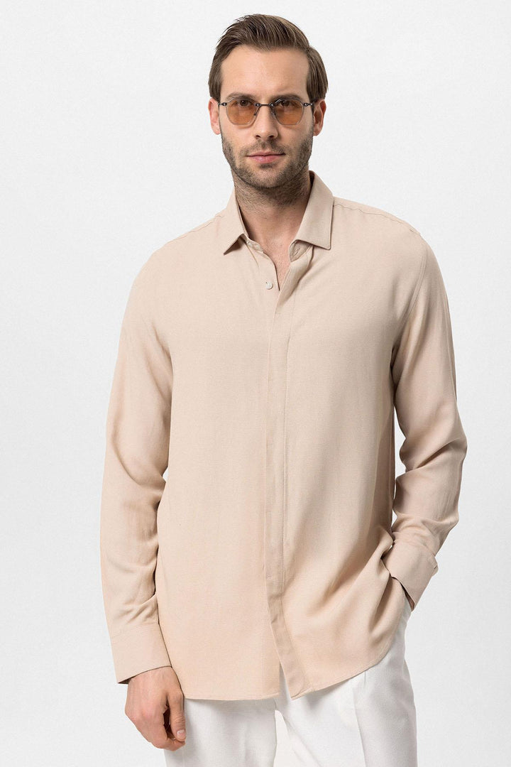 Men's Beige Hidden Button Linen Blend  Shirt - Wessi