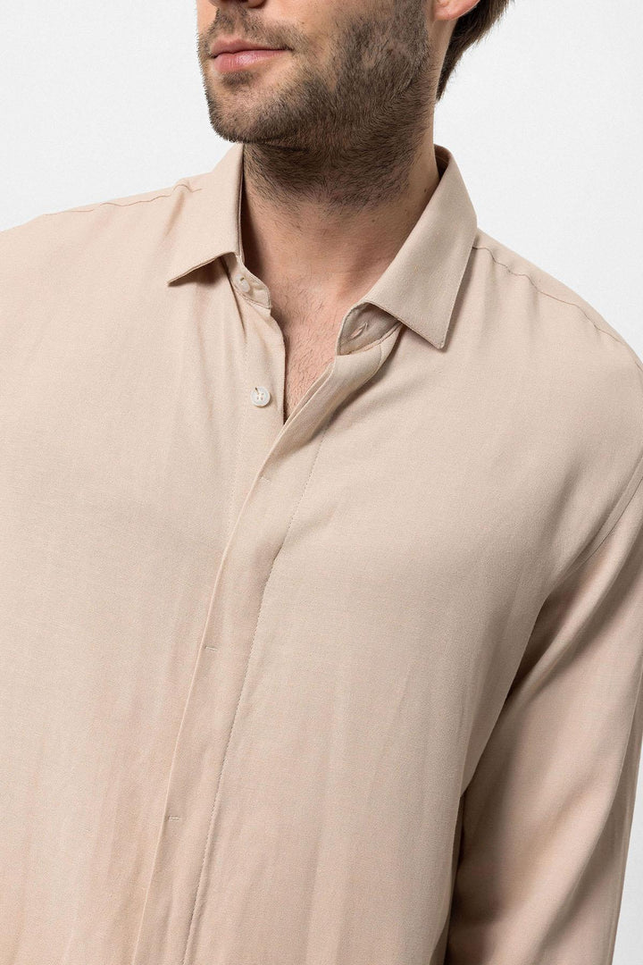 Men's Beige Hidden Button Linen Blend  Shirt - Wessi