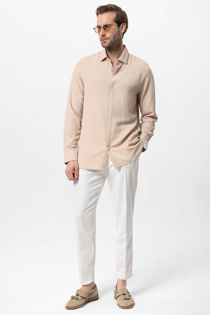 Men's Beige Hidden Button Linen Blend  Shirt - Wessi