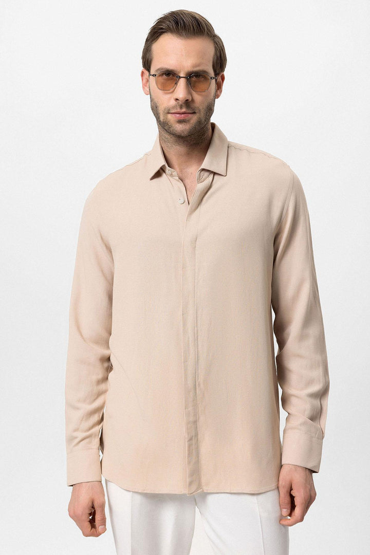 Men's Beige Hidden Button Linen Blend  Shirt - Wessi
