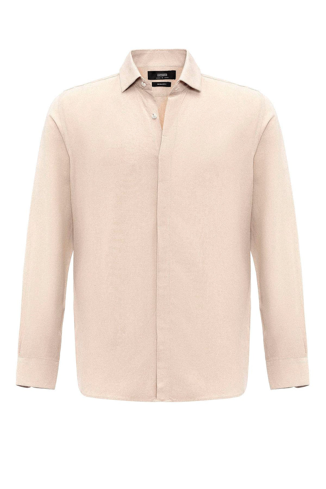 Men's Beige Hidden Button Linen Blend  Shirt - Wessi