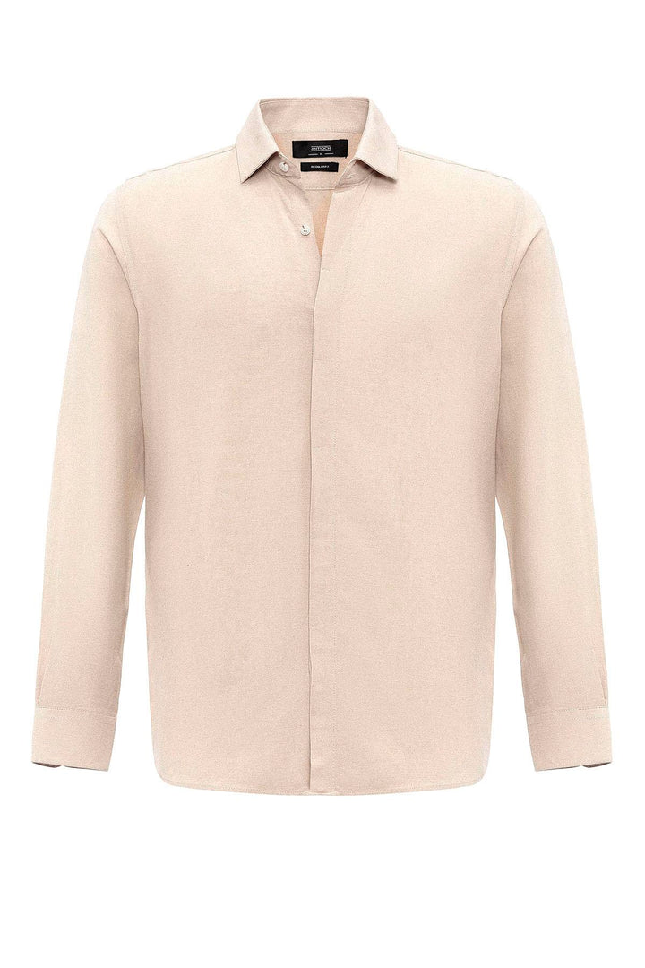 Men's Beige Hidden Button Linen Blend  Shirt - Wessi