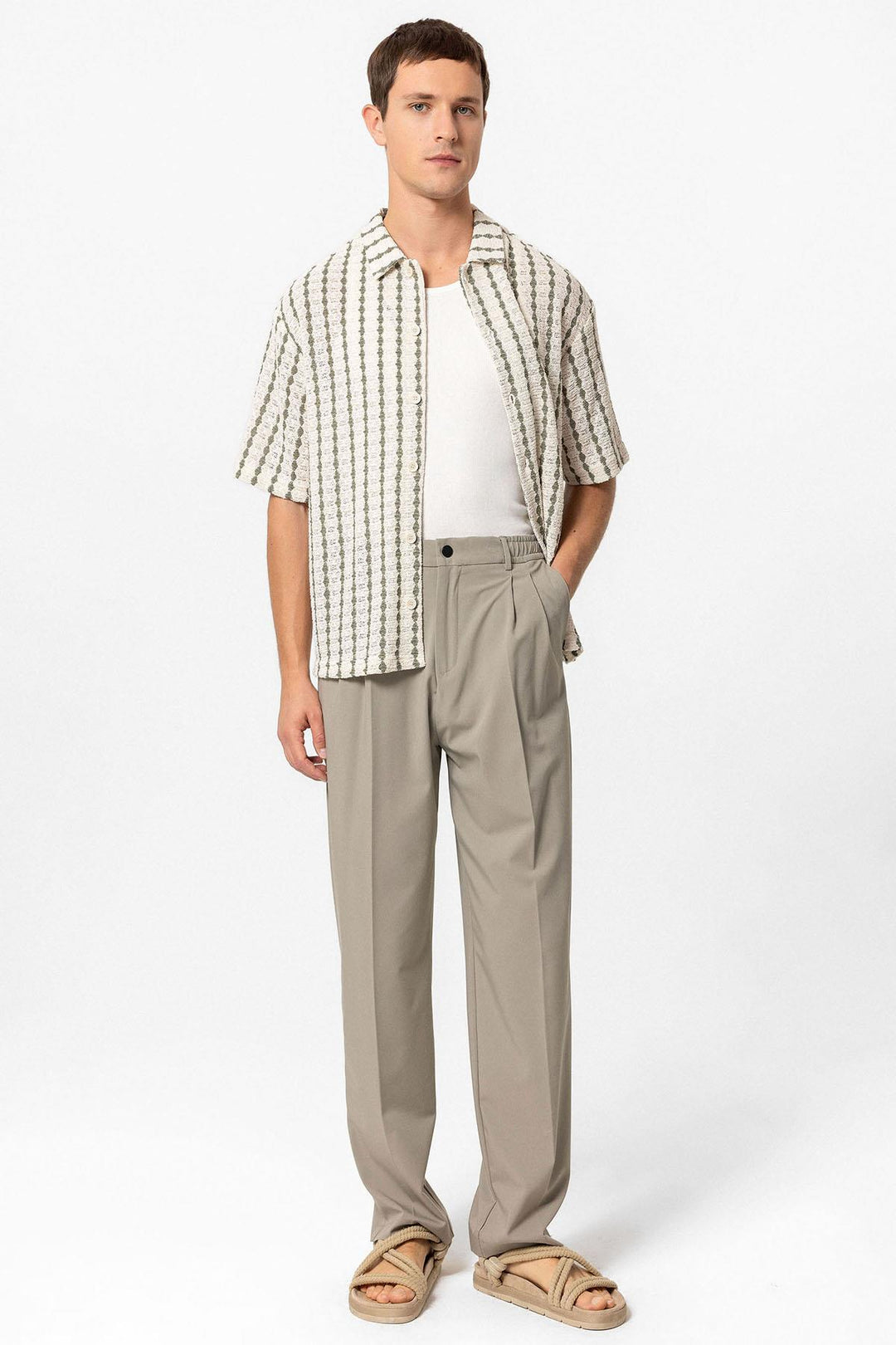 Men's Khaki Striped Knit Short-Sleeve Shirt Wessi