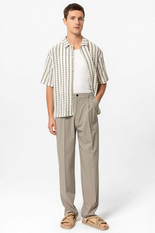 Men's Khaki Striped Knit Short-Sleeve Shirt - Wessi