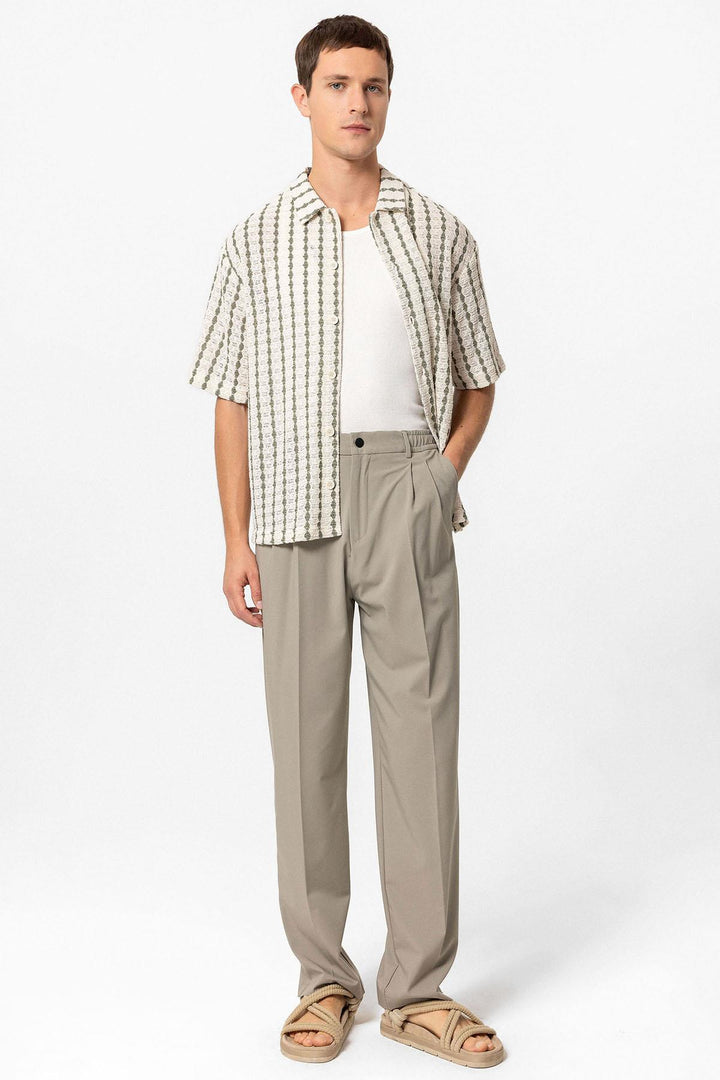 Men's Khaki Striped Knit Short-Sleeve Shirt - Wessi