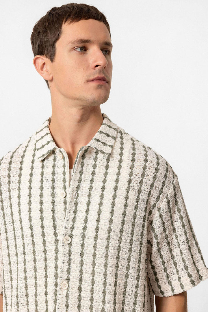 Men's Khaki Striped Knit Short-Sleeve Shirt - Wessi