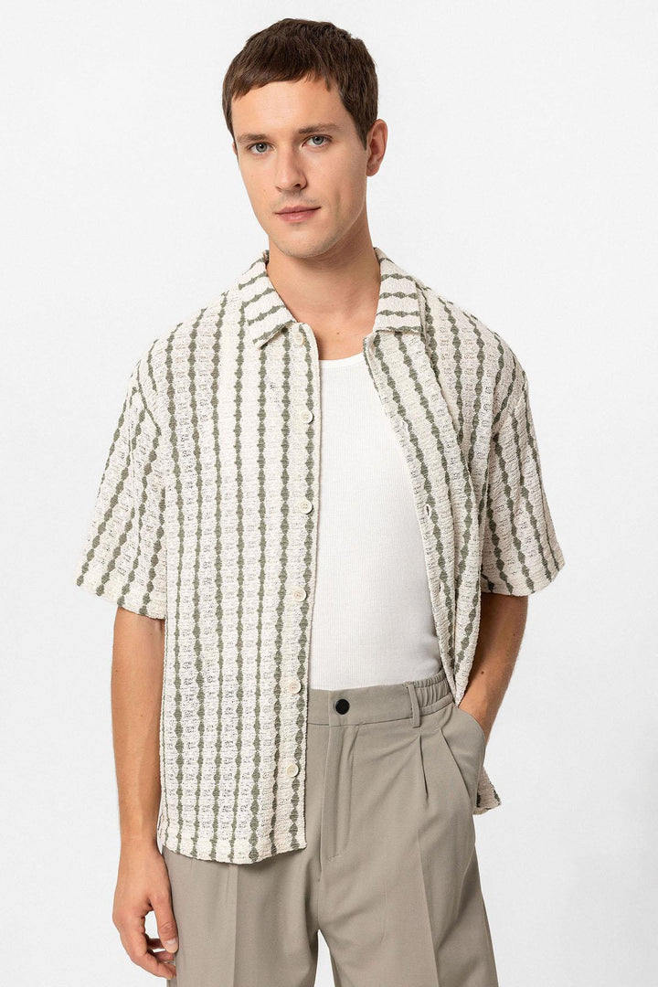 Men's Khaki Striped Knit Short-Sleeve Shirt - Wessi
