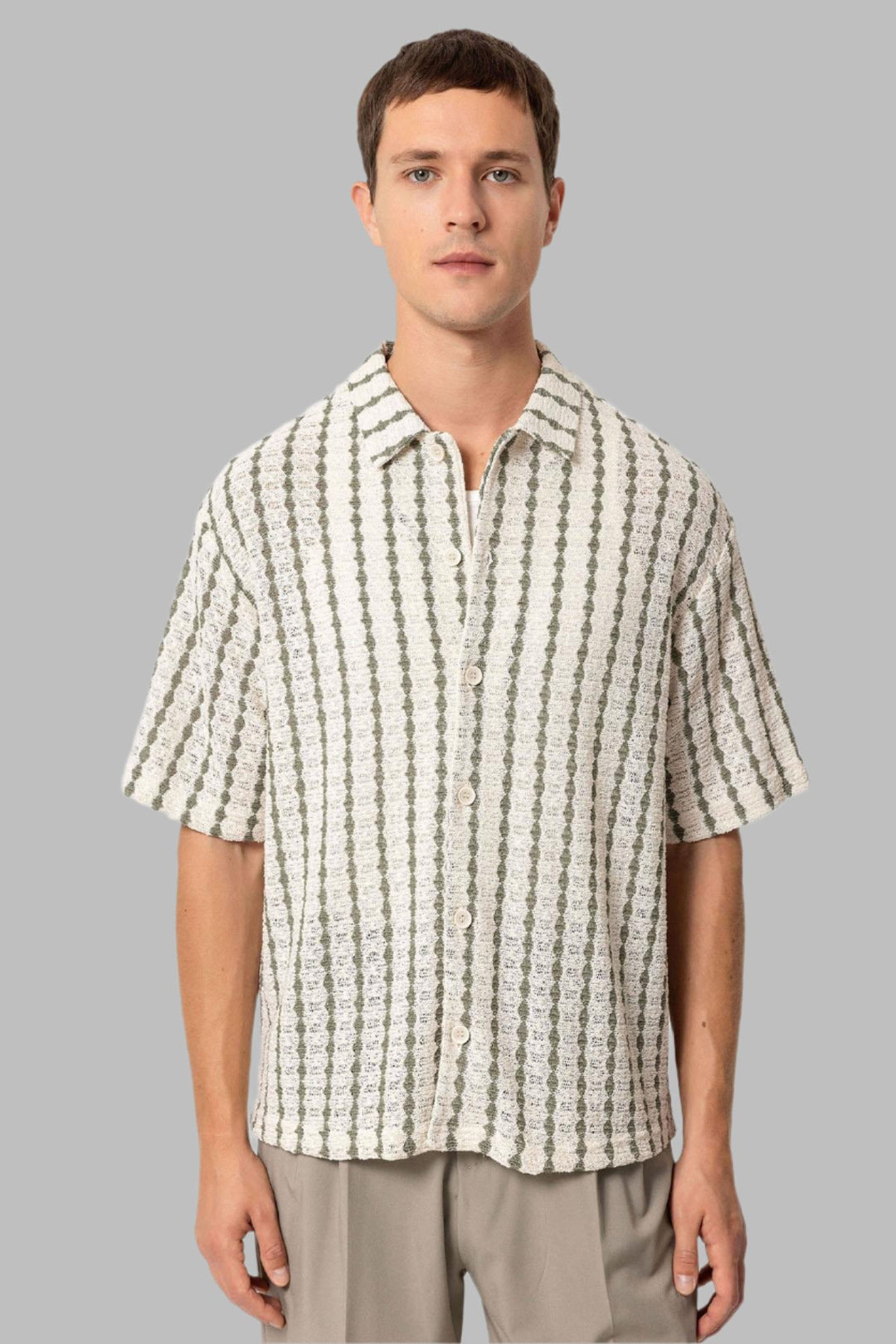 Men's Khaki Striped Knit Short-Sleeve Shirt - Wessi