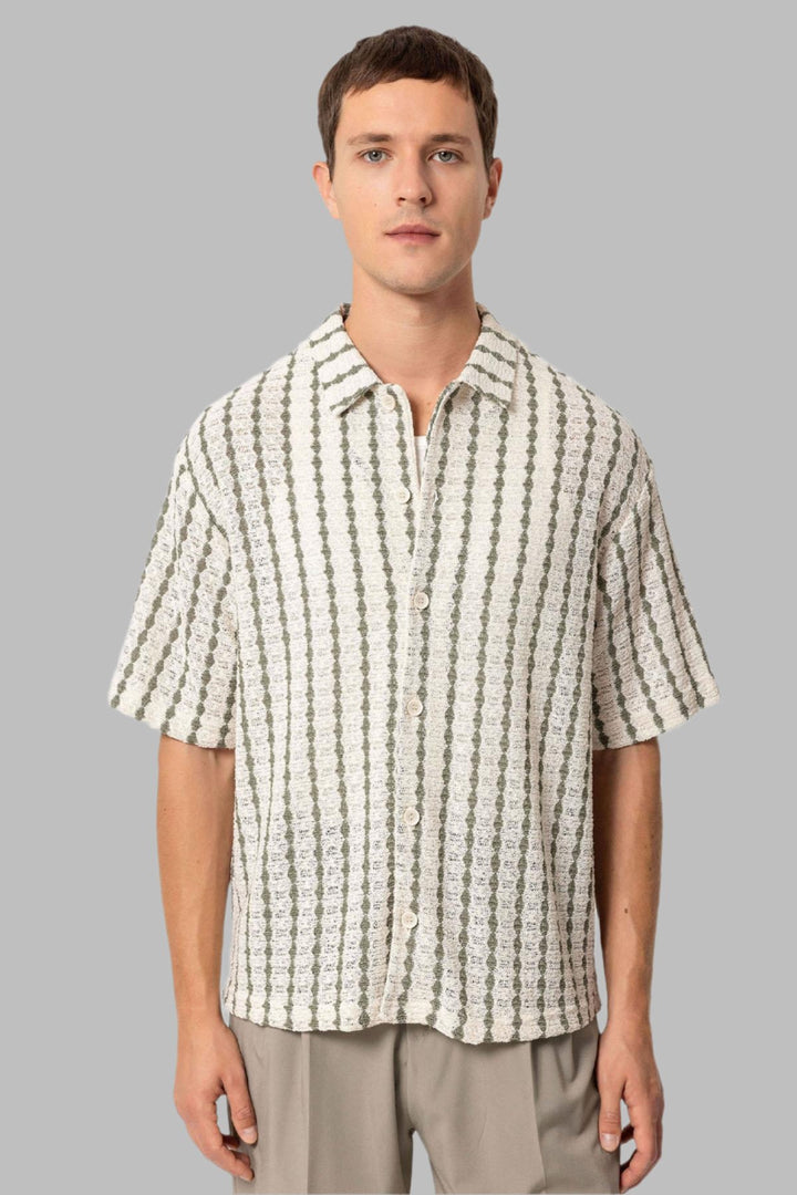 Men's Khaki Striped Knit Short-Sleeve Shirt - Wessi