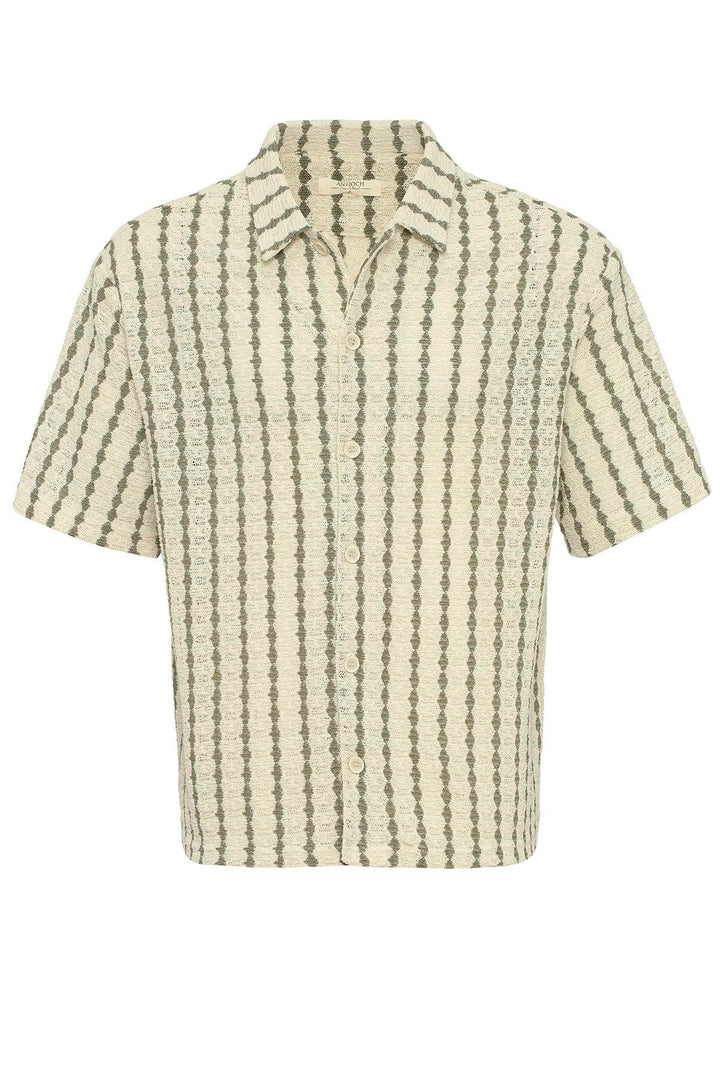 Men's Khaki Striped Knit Short-Sleeve Shirt - Wessi