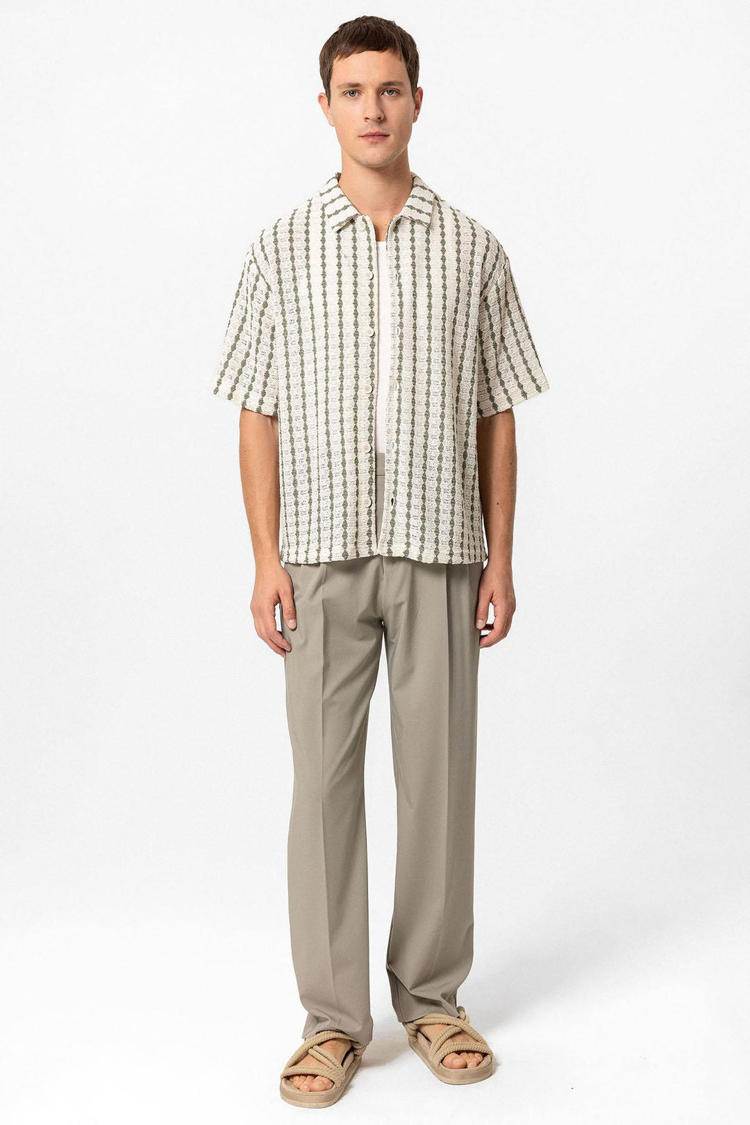 Men's Khaki Striped Knit Short-Sleeve Shirt - Wessi