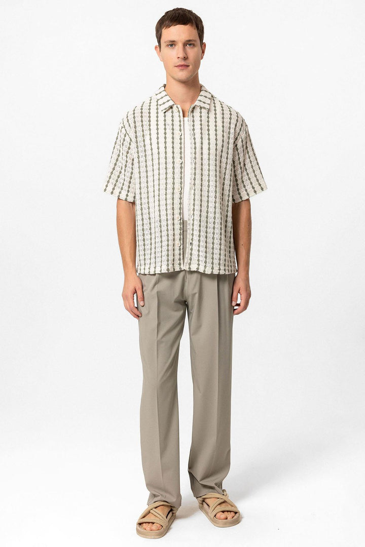 Men's Khaki Striped Knit Short-Sleeve Shirt - Wessi