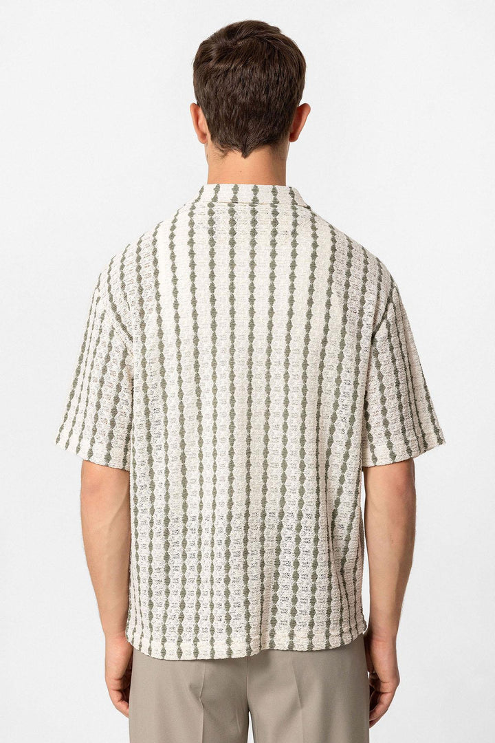Men's Khaki Striped Knit Short-Sleeve Shirt - Wessi