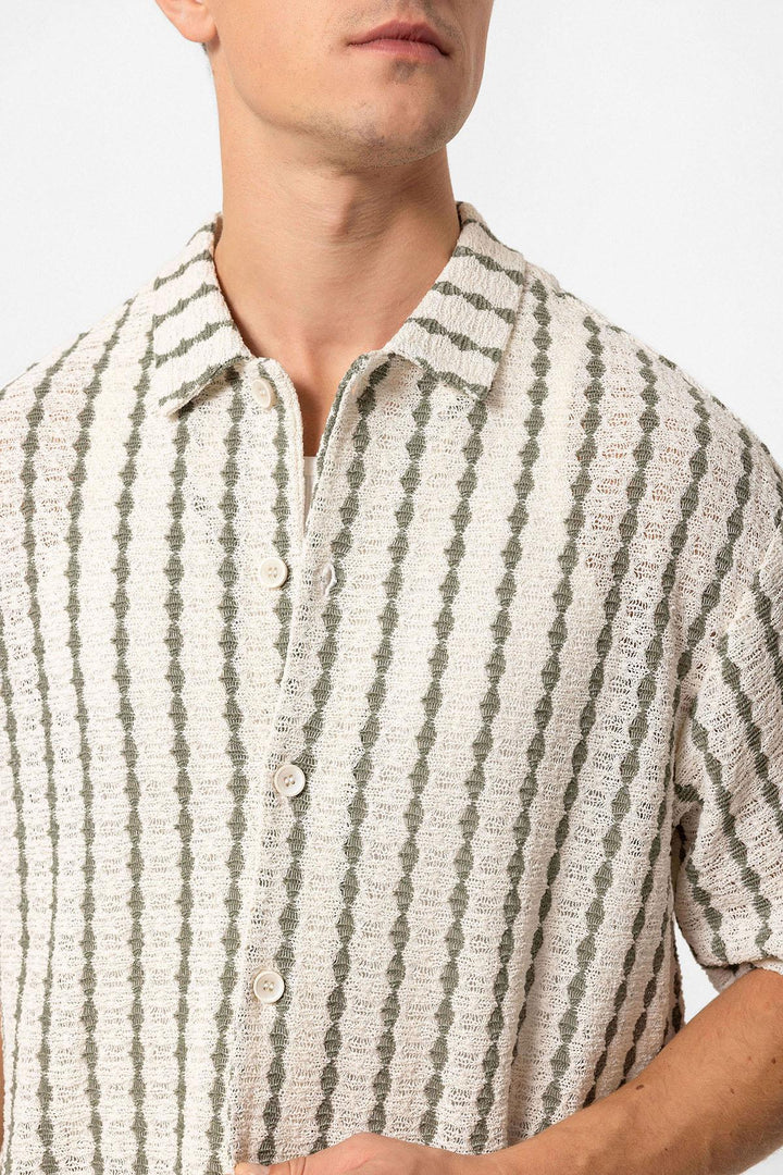 Men's Khaki Striped Knit Short-Sleeve Shirt - Wessi