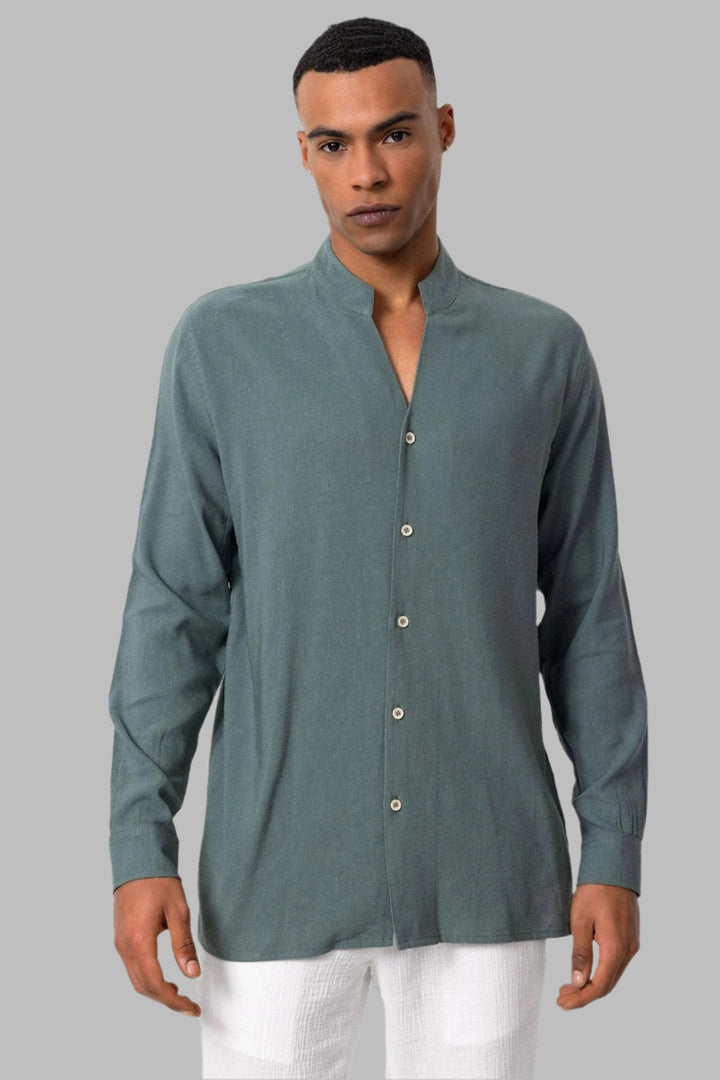 Men's Khaki Stand Collar Long-Sleeve Shirt - Wessi