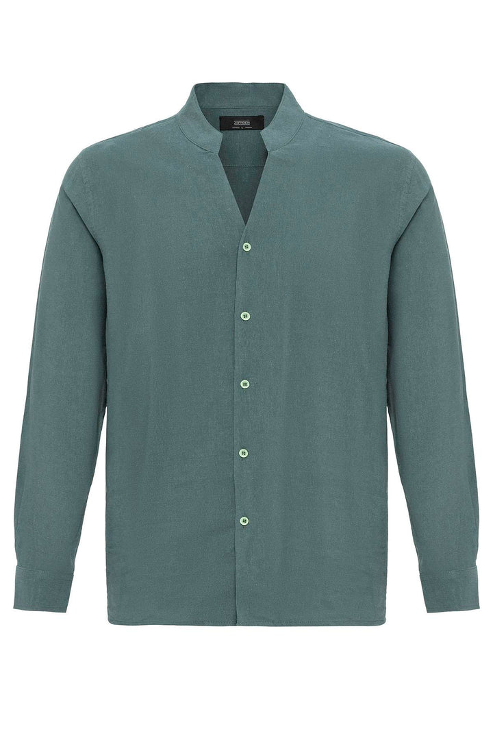 Men's Khaki Stand Collar Long-Sleeve Shirt - Wessi