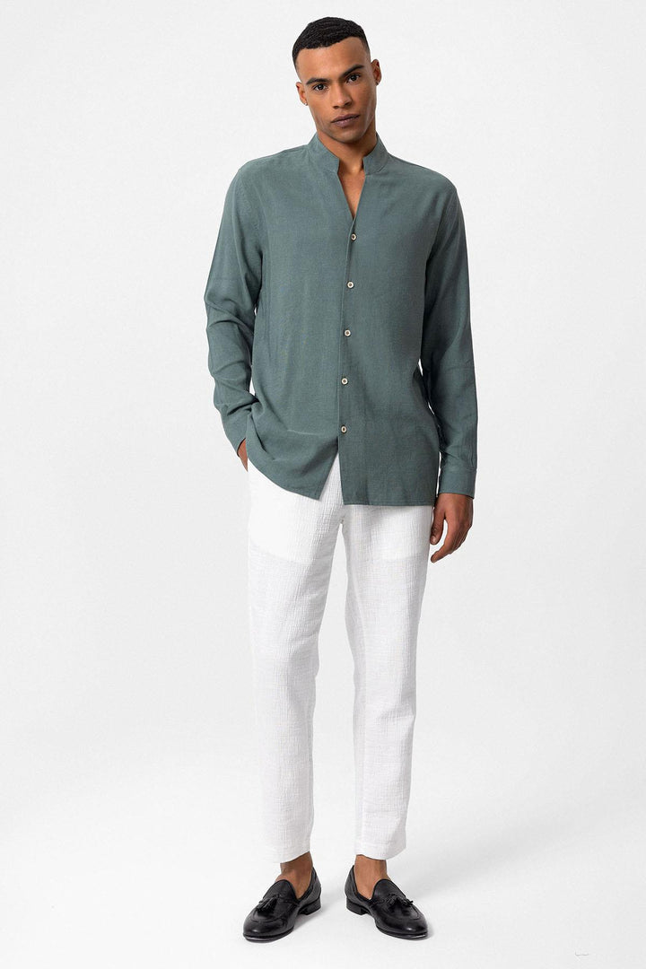 Men's Khaki Stand Collar Long-Sleeve Shirt - Wessi