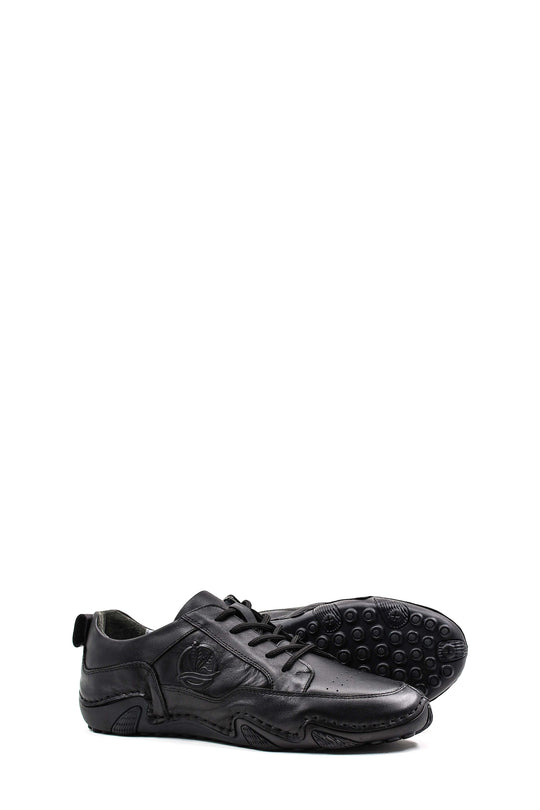 Men's Black Leather Casual Shoes with Embossed Detail - Wessi
