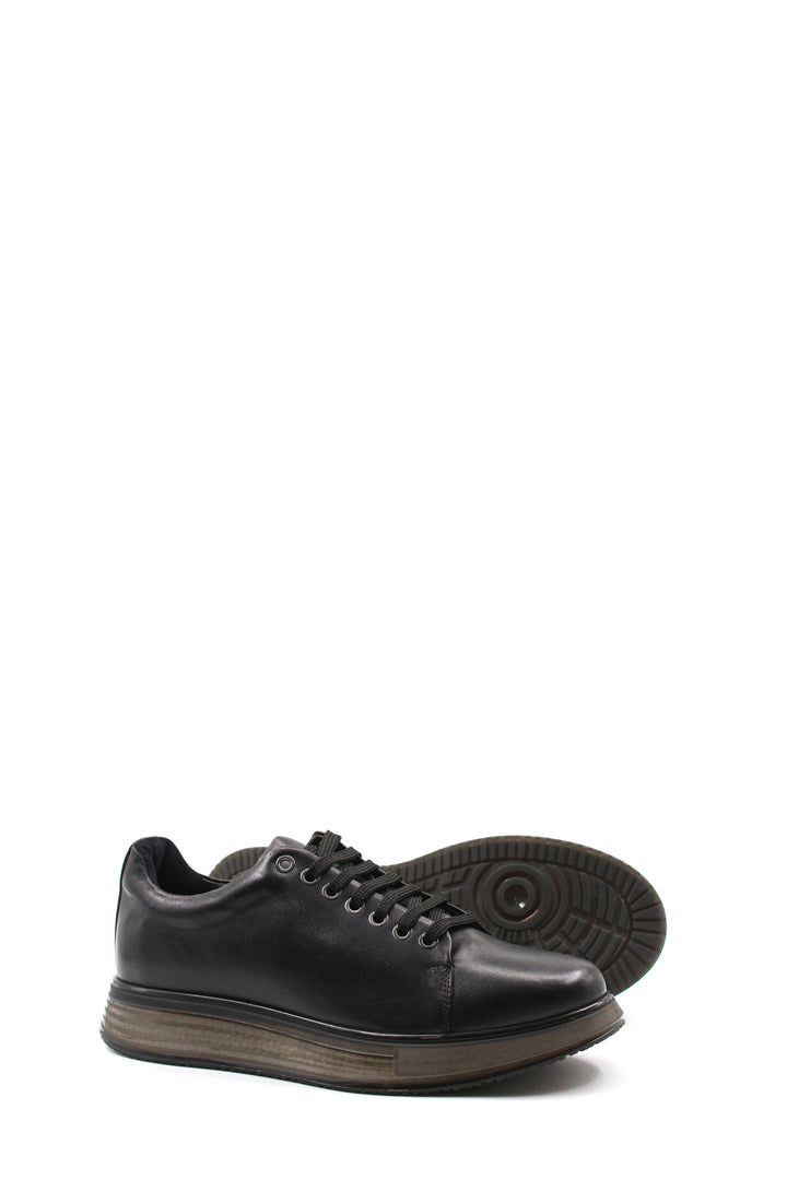 Men's Black Leather Sneakers with Chunky Sole and Stylish Lace-Up Design - Wessi