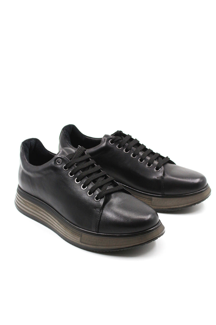 Men's Black Leather Sneakers with Chunky Sole and Stylish Lace-Up Design - Wessi