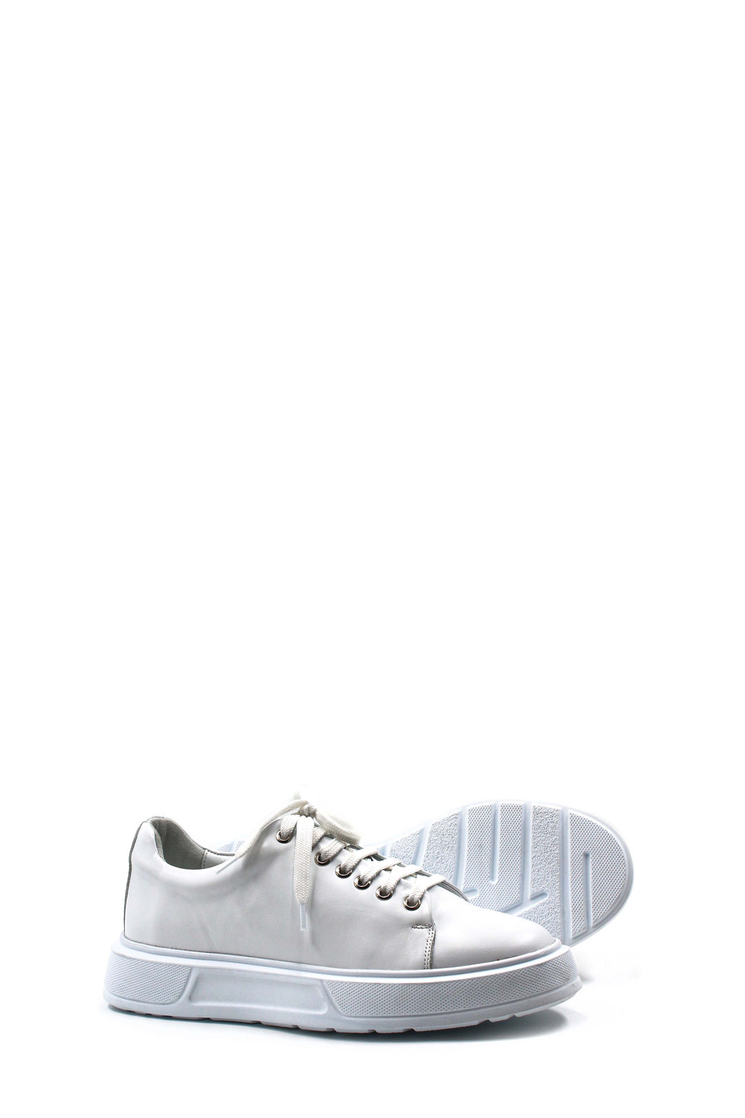 Men's White Leather Sneakers with Thick Sole and Metal Eyelets - Wessi