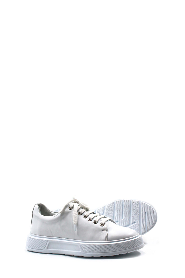 Men's White Leather Sneakers with Thick Sole and Metal Eyelets - Wessi