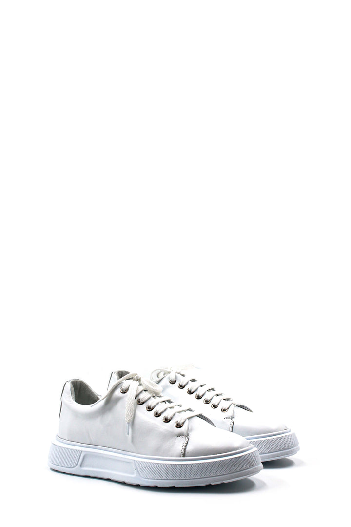 Men's White Leather Sneakers with Thick Sole and Metal Eyelets - Wessi