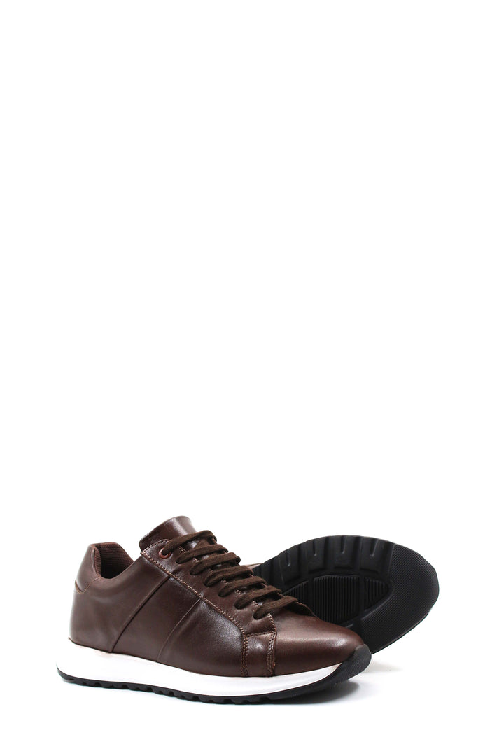 Men's Brown Leather Sneakers with Contrast Sole - Wessi