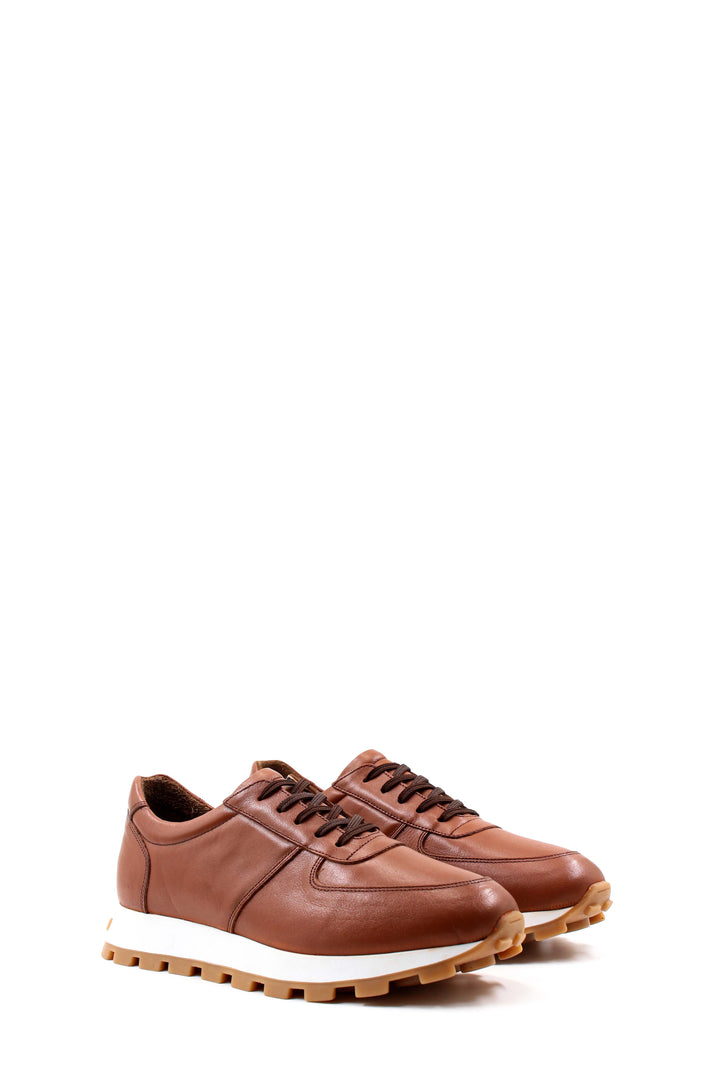 Men's Brown Leather Lace-Up Sneakers with Cushioned Sole - Wessi