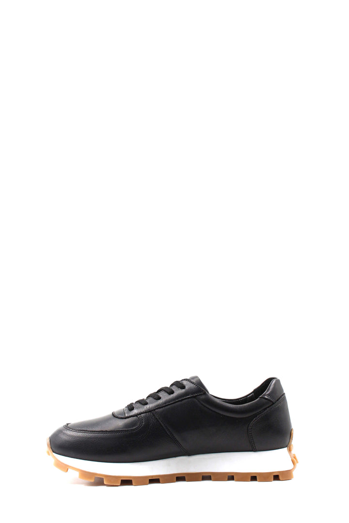 Men's Black Leather Sneakers with White Sole and Textured Outsole - Wessi