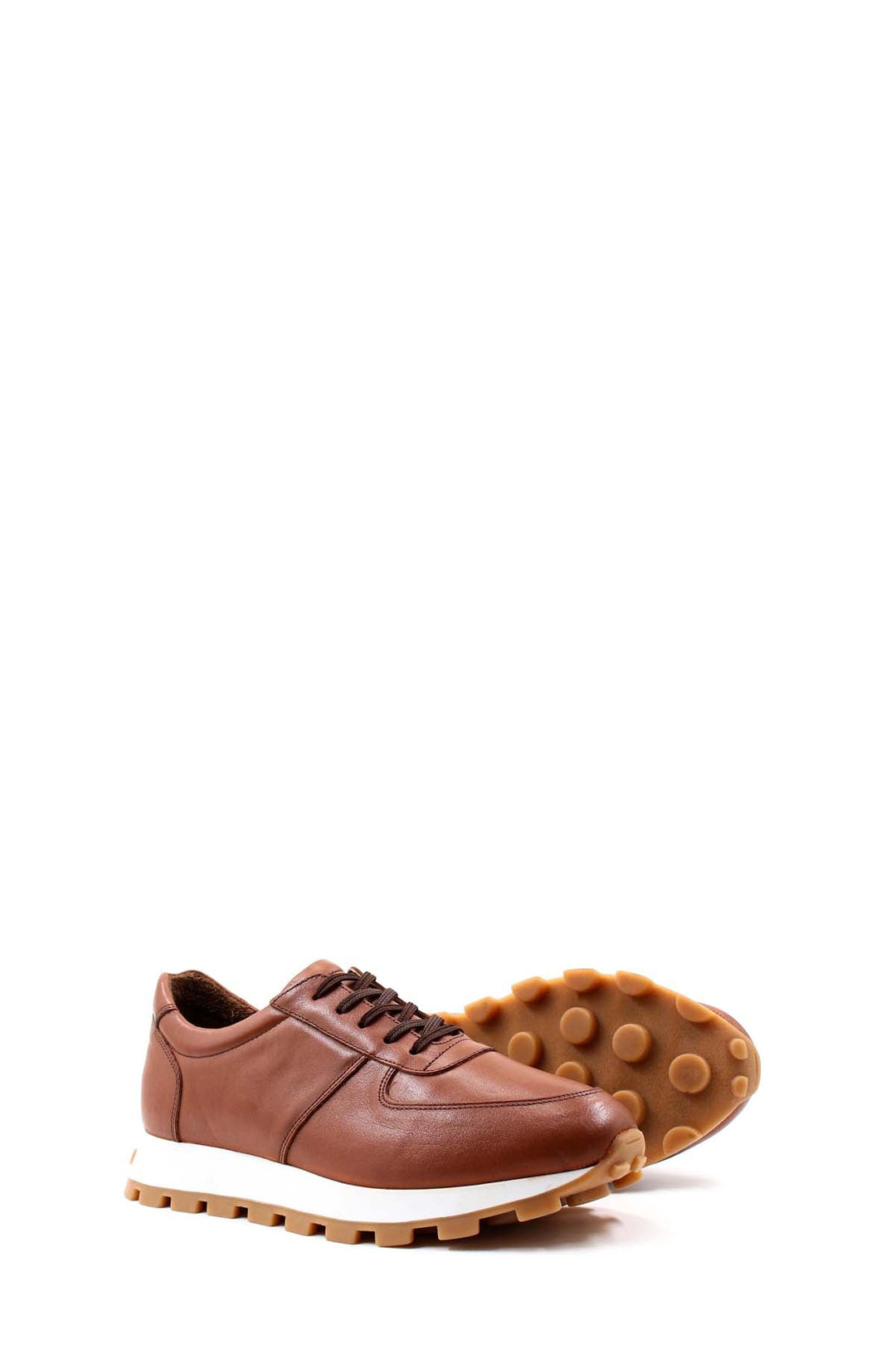 Men's Brown Leather Lace-Up Sneakers with Cushioned Sole - Wessi