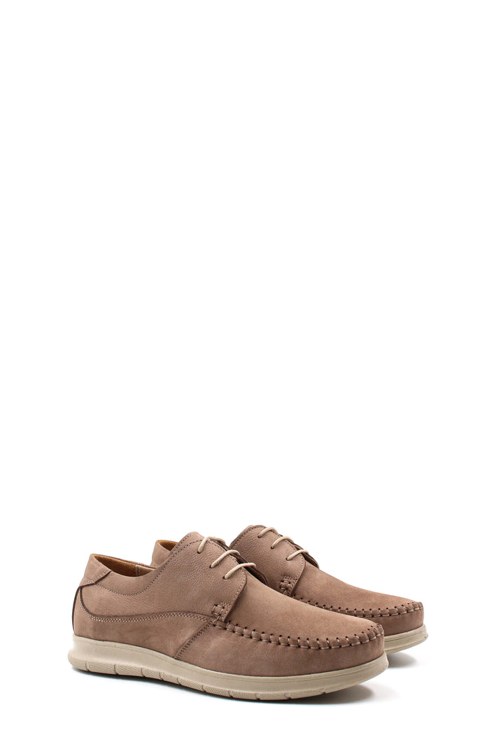 Men's Taupe Suede Lace-Up Shoes with Moc Toe and Cushioned Sole - Wessi