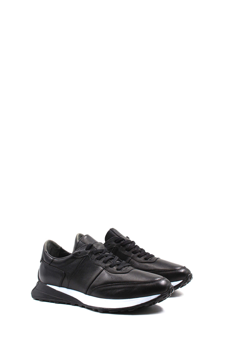 Men's Black Leather Sneakers with Cushioned Sole - Wessi