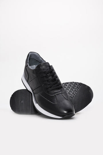 Black Leather Retro Runner Sneakers with White Sole | Wessi
