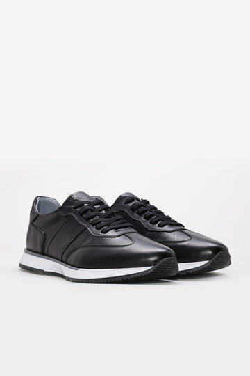 Black Leather Retro Runner Sneakers with White Sole | Wessi