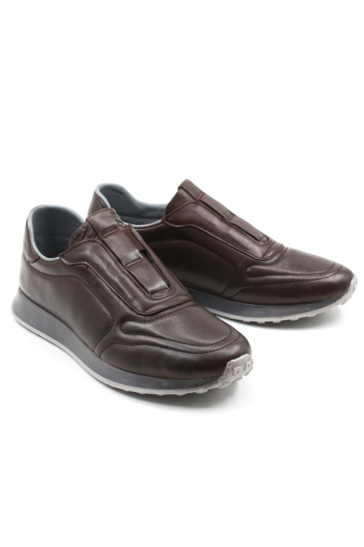 Men's Brown Leather Slip-On Sneakers-Wessi