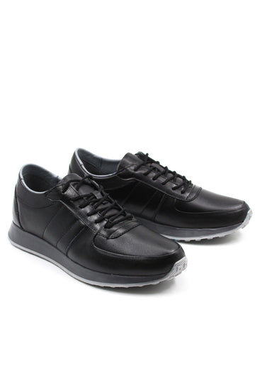 Men's Black Leather Sneakers with Grey Sole - Wessi