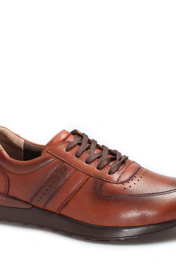 Men's Brown Leather Casual Sneakers with Perforated Detailing - Wessi