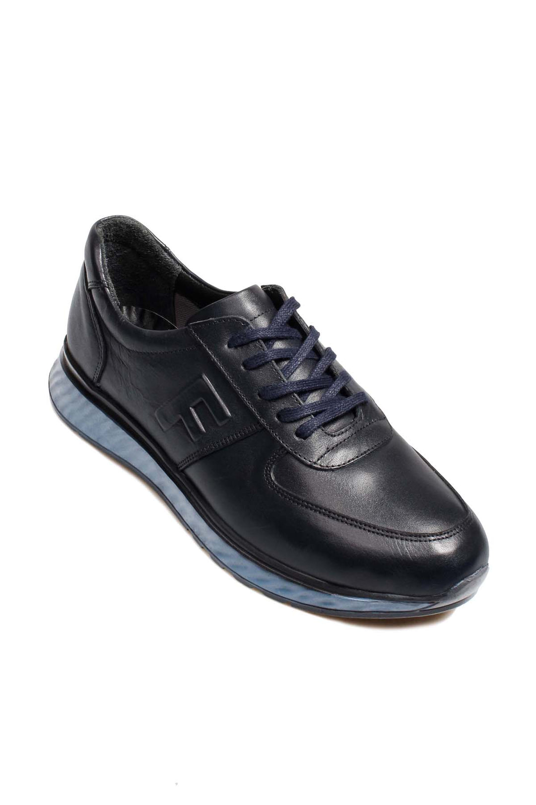Men's Navy Blue Leather Sneakers with Blue Sole - Wessi