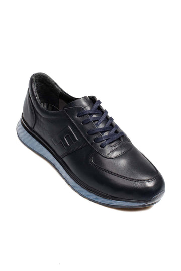 Men's Navy Blue Leather Sneakers with Blue Sole - Wessi