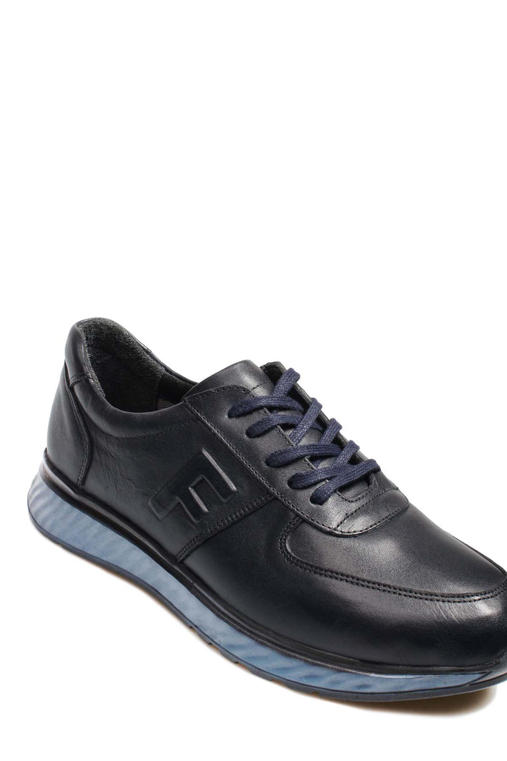 Men's Navy Blue Leather Sneakers with Blue Sole - Wessi